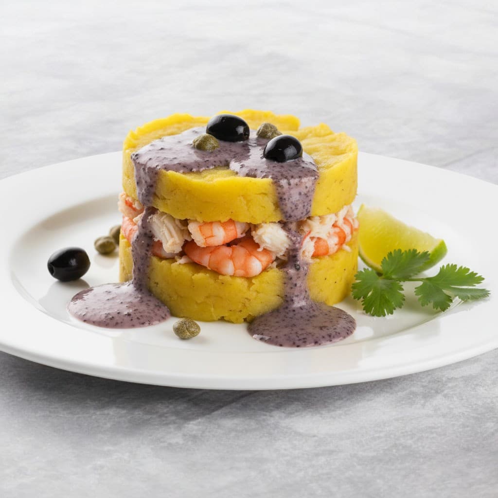 CAUSA RELLENA CON CAMARONES Y PULPA DE JAIBA