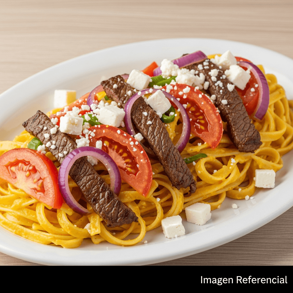 FETUCCINI A LA HUANCAINA CON LOMO SALTADO