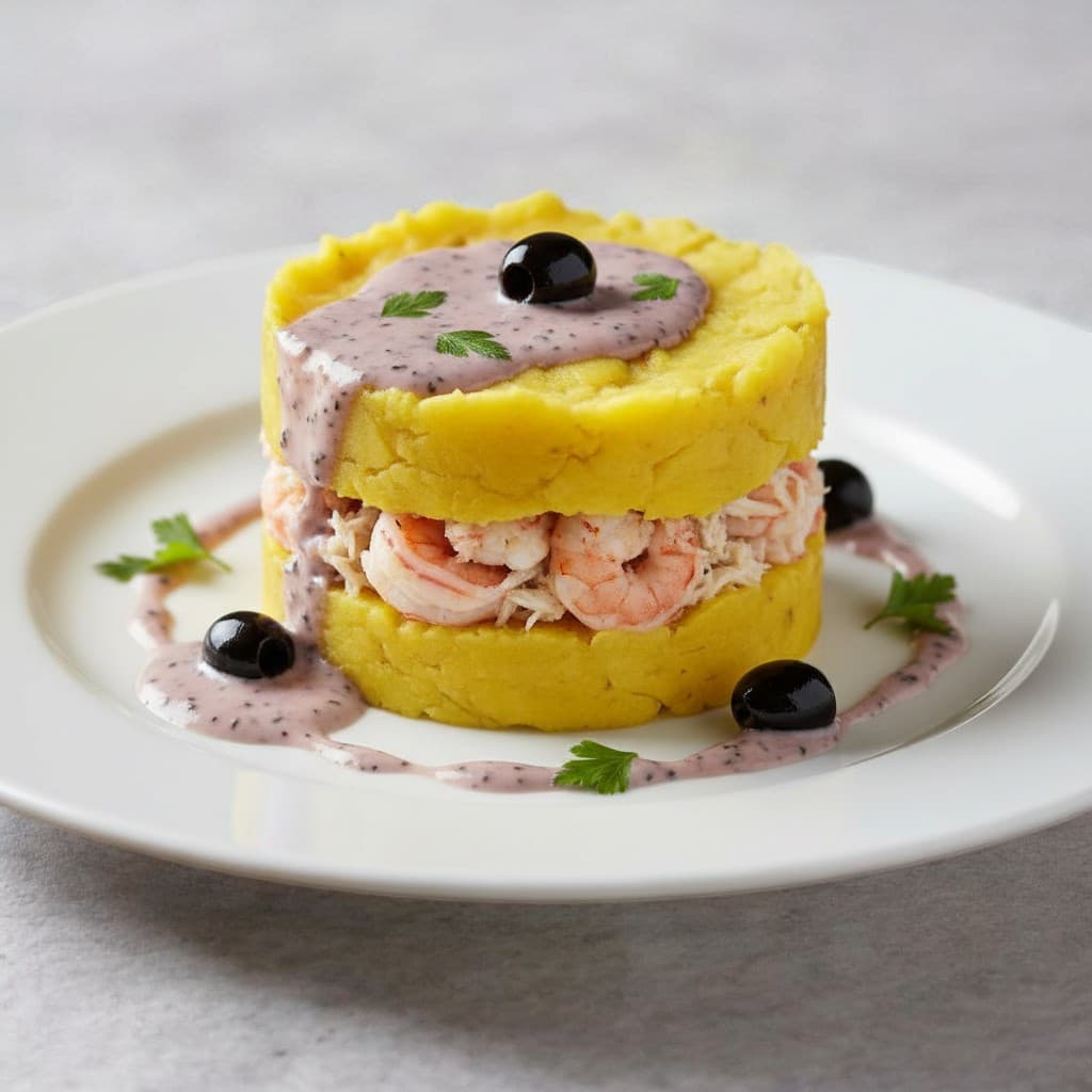 CAUSA RELLENA CON CAMARONES Y PULPA DE JAIBA