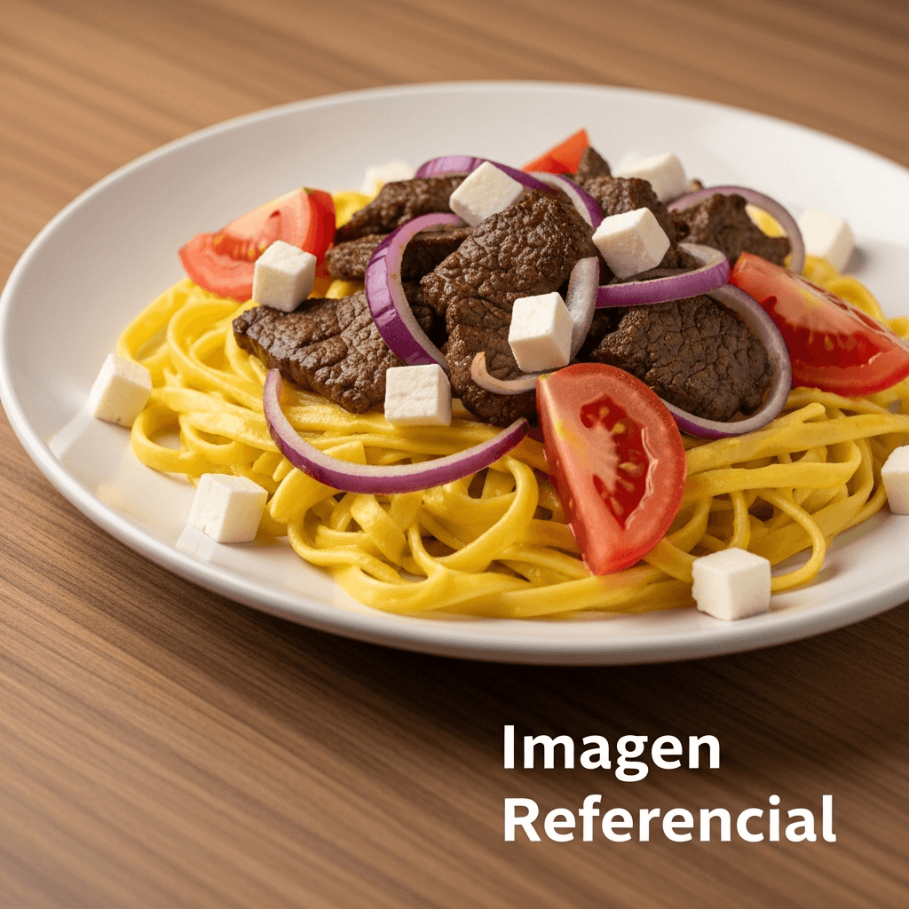 FETUCCINI A LA HUANCAINA CON LOMO SALTADO