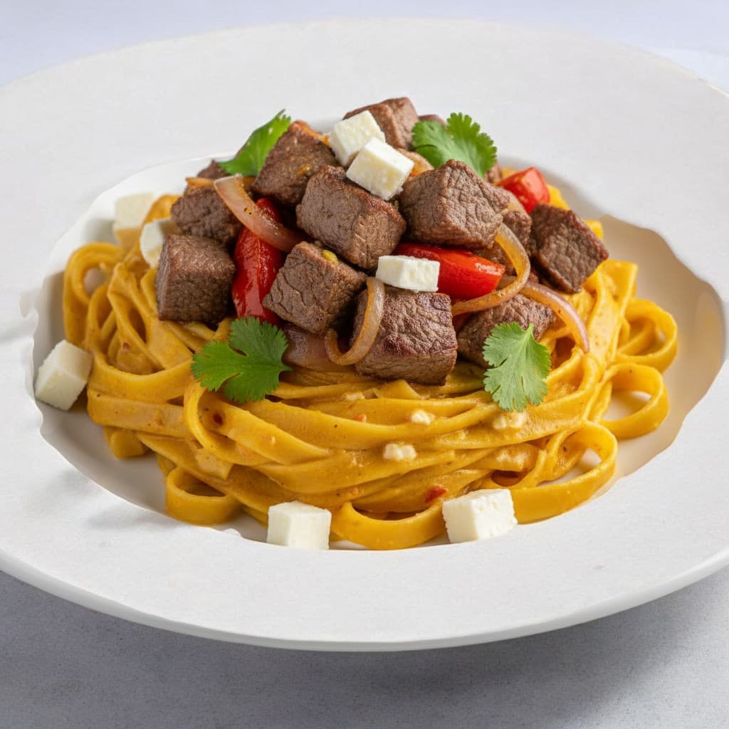 FETUCCINI A LA HUANCAÍNA CON LOMO SALTADO