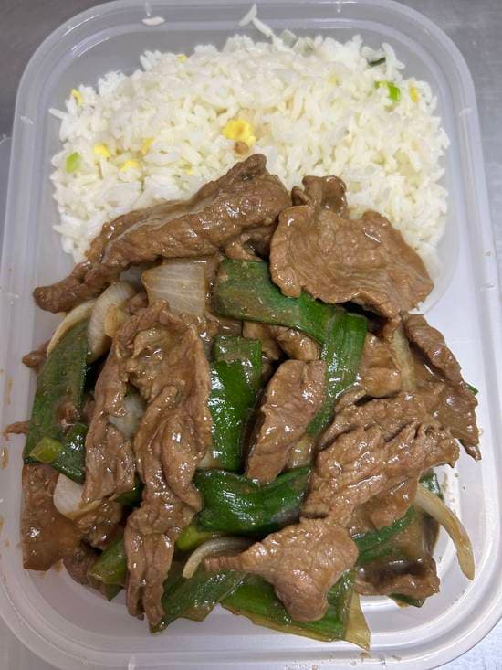 Carne mongoliana con arroz chaufan 快歺牛肉