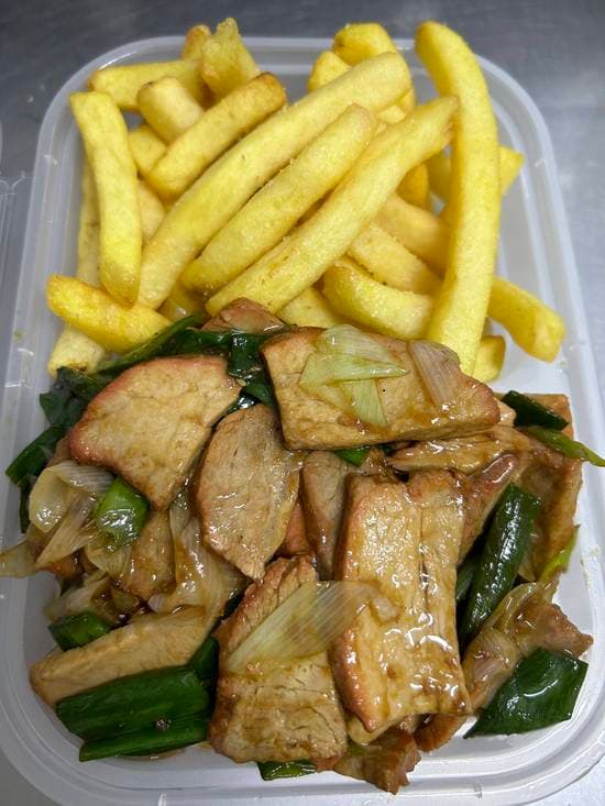 chancho mongoliana con papas fritas 快歺薯条猪肉