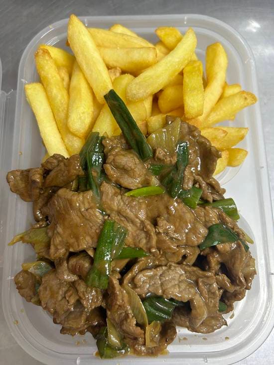 carne mongoliana con papas fritas 快歺薯条牛肉